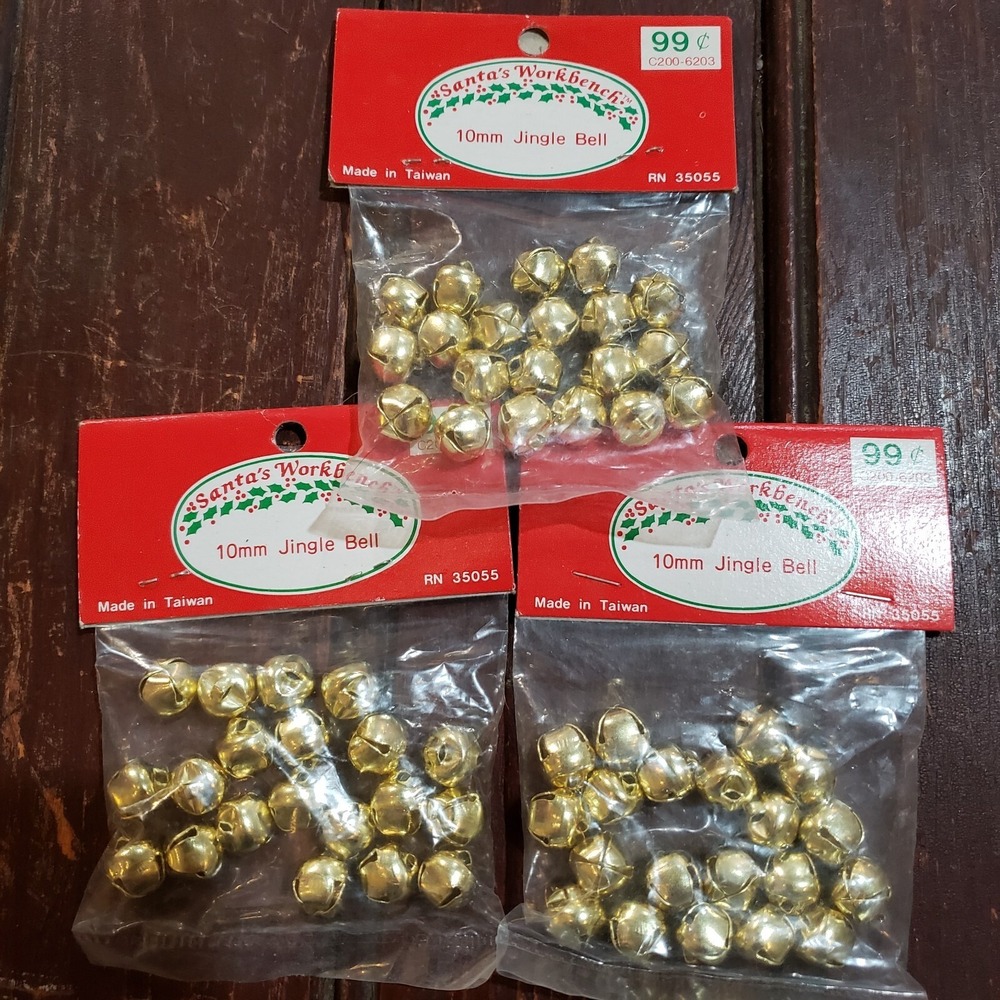 VTG Santa's Workbench Gold JINGLE BELLS 10mm‎ 60 Bells For Crafts DIY NEW